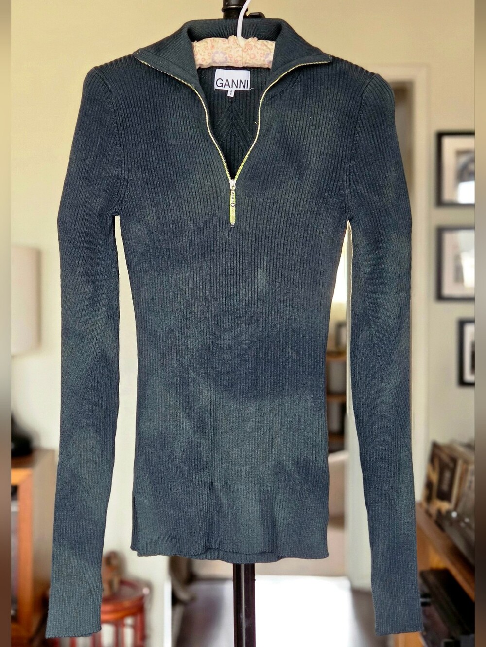 GANNI Merino Ribs Sweater - Half-Zip Pullover in Green & Navy Tie Dye
